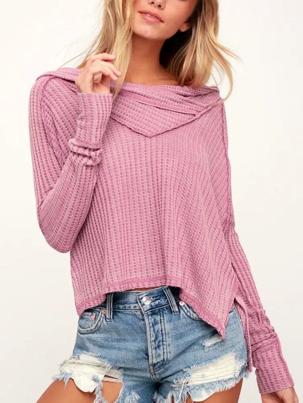 Free People Wildcat Washed Mauve Pink Boho Thermal Long Sleeve Top Size Large